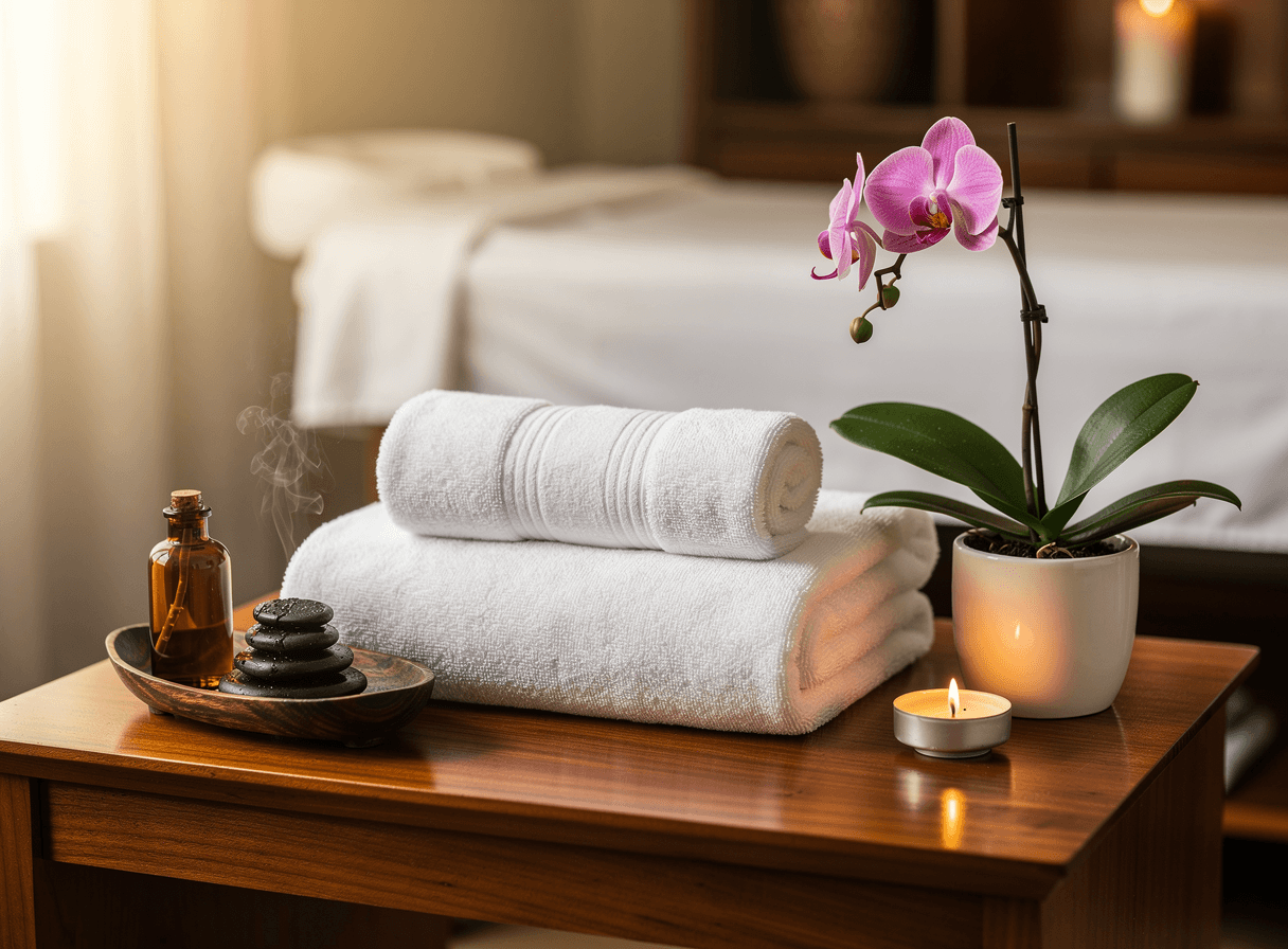 Fresh folded towels, warm hot stones, massage oil and an orchid in the treatment room